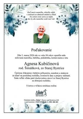 Poďakovanie - Agnesa Kubičinová