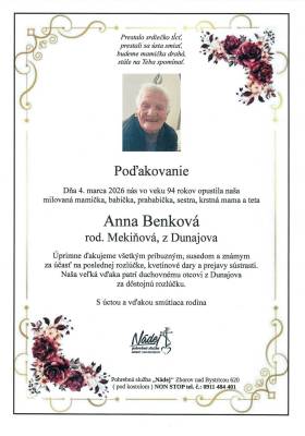 Poďakovanie - Anna Benková