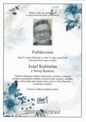 Poďakovanie - Jozef Kubinčan