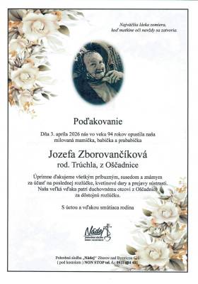 Poďakovanie - Jozefa Zborovančíková