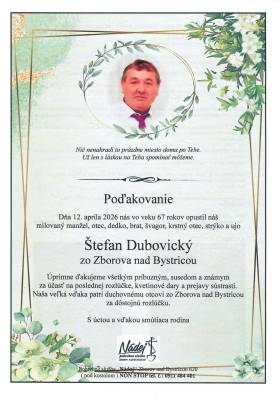Poďakovanie - Štefan Dubovický