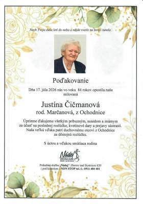 Poďakovanie - Justína Čičmanová